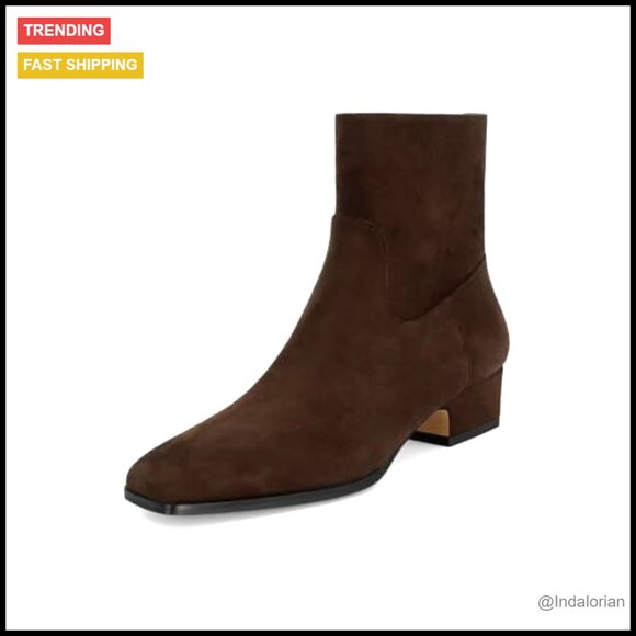 Square Toe Ankle Booties Chunky Block Heel Side Zipper Comfortable Low Heel - Picture 5 of 7